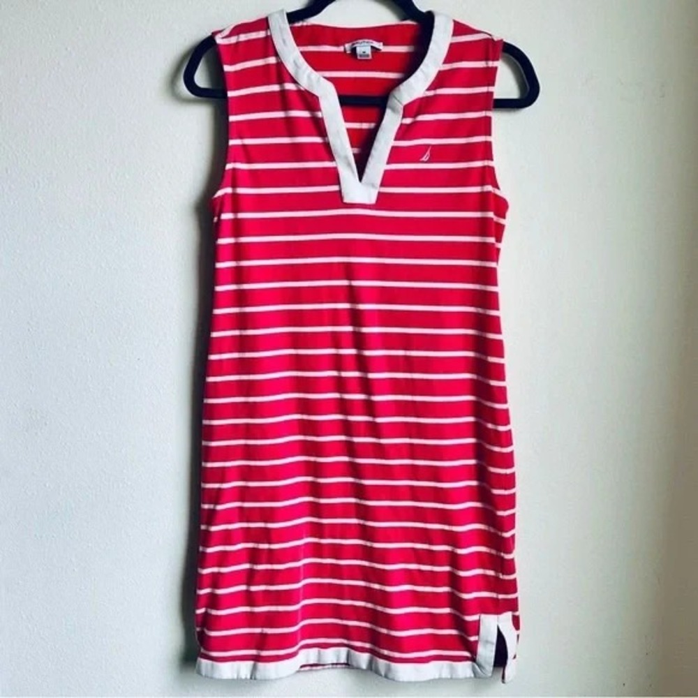 Nautica Striped Sleeveless V Neck Casual Dress I Size M I‎ Pink White Nautical